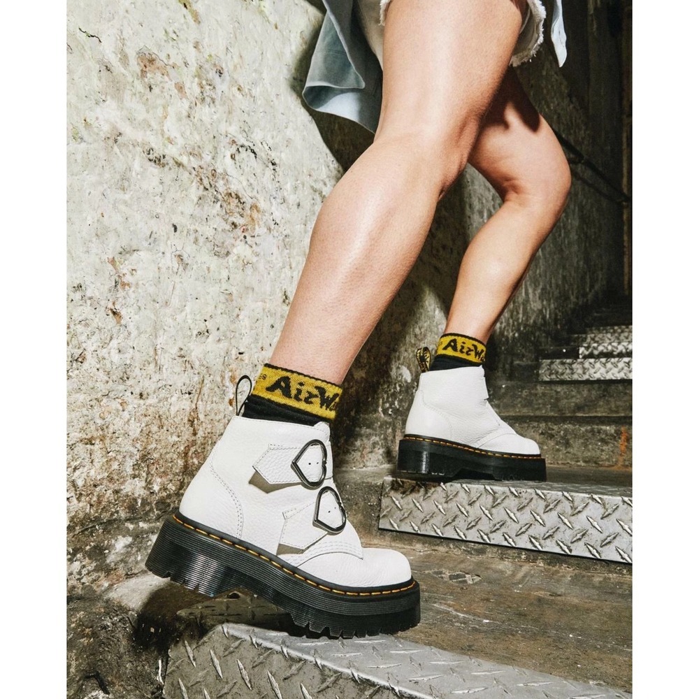 Dr. Martens Devon Heart White Milled‎ Nappa Leather Platform Buckle Boots Size 7